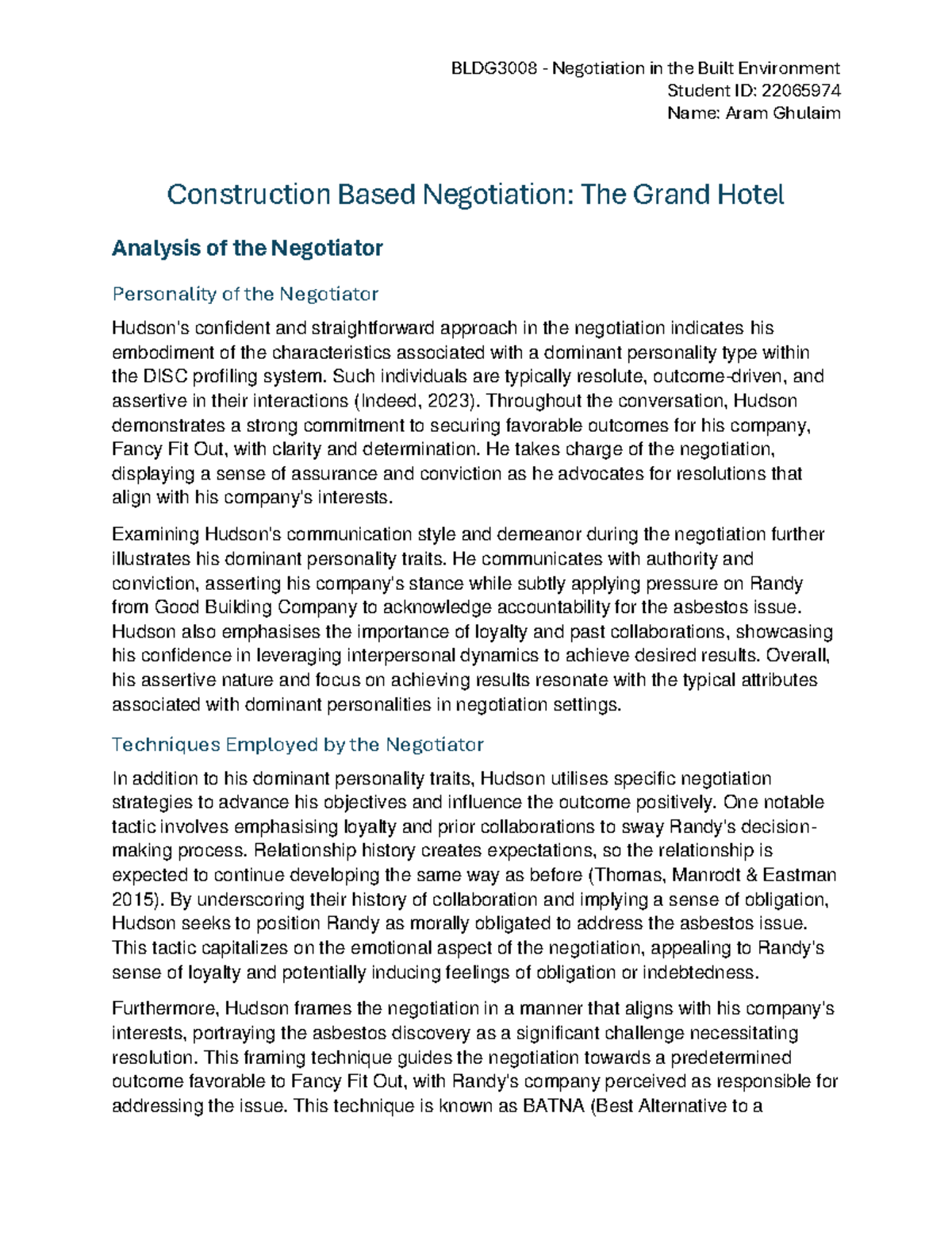 BLDG3008 Final exam analysis of negotiation strategies in construction ...