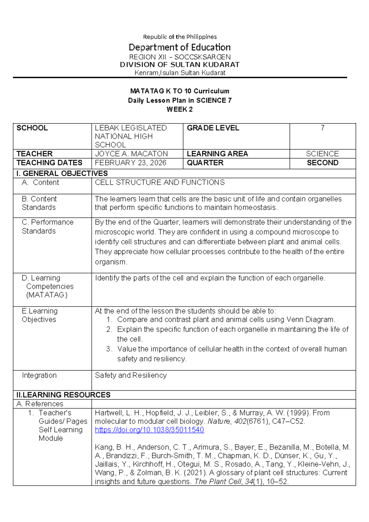 SCI 7 Daily Lesson Plan: Cell Structure & Functions (Wk 2) - Studocu