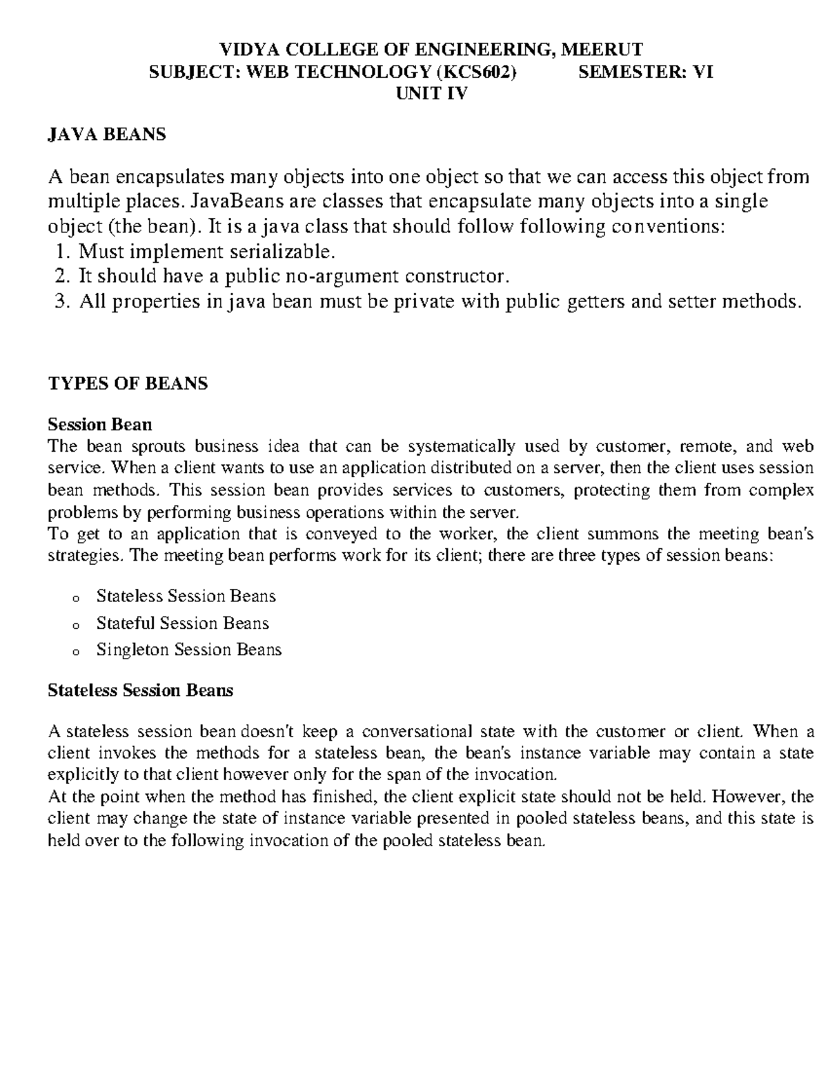 WT KCS602 UNIT IV - Java Beans, JDBC, and Transactions Summary - Studocu