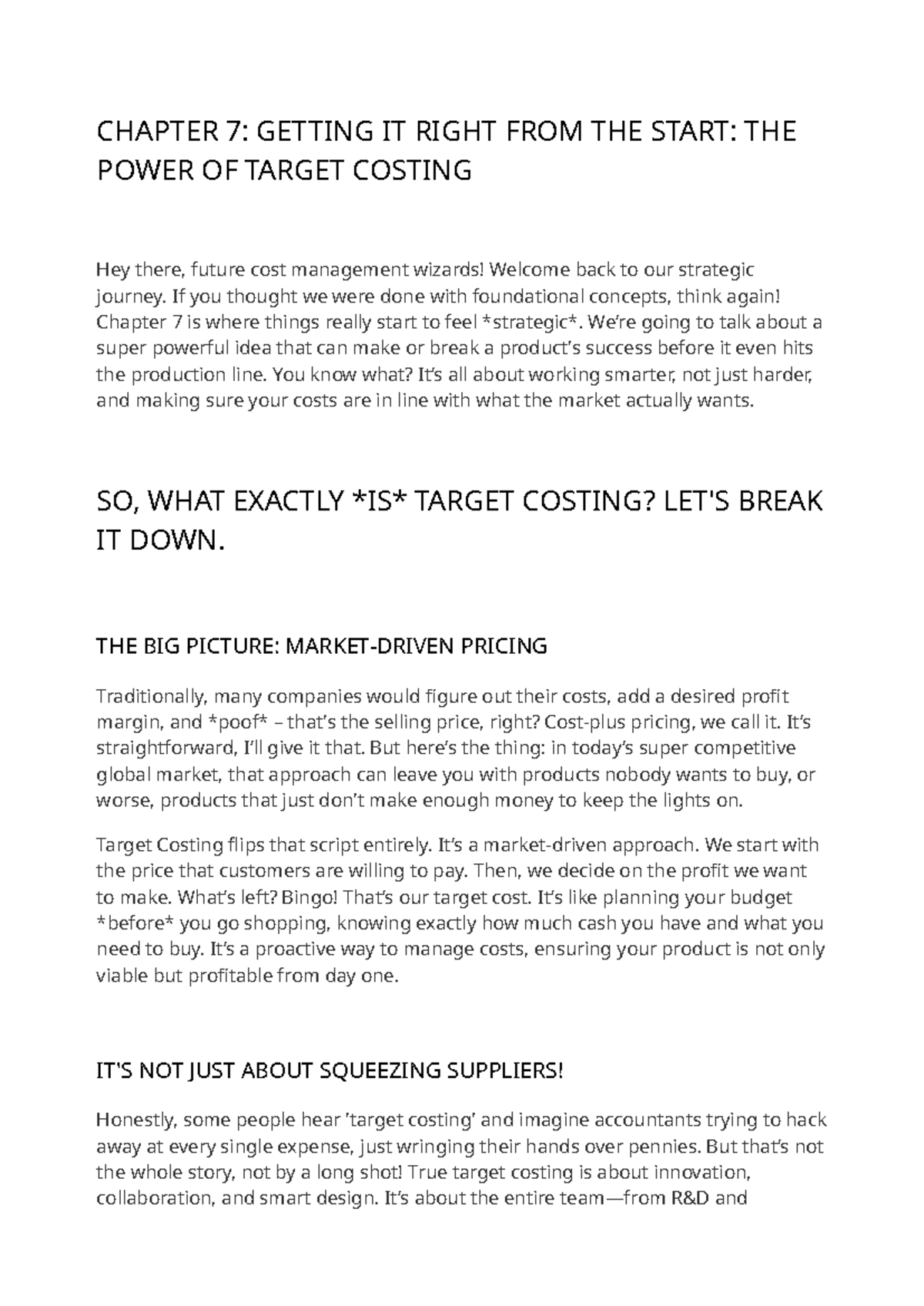 CHAPTER 7: TARGET COSTING STRATEGIES IN COST MANAGEMENT - Studocu
