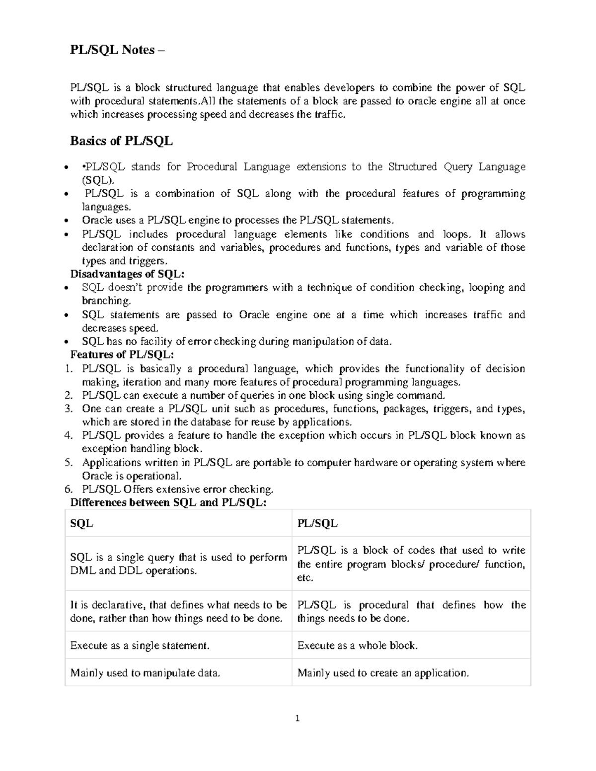 PLSQL Notes - Understanding PL/SQL Basics & Features - Studocu