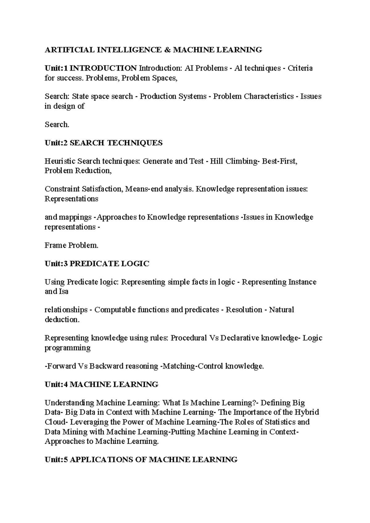 Artificial Intelligence & Machine Learning Syllabus (Unit 1-5) - Studocu