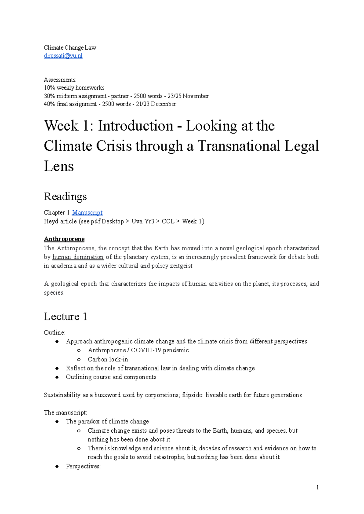 Climate Change Law (CCL) Lecture Notes and Assessments - Studeersnel