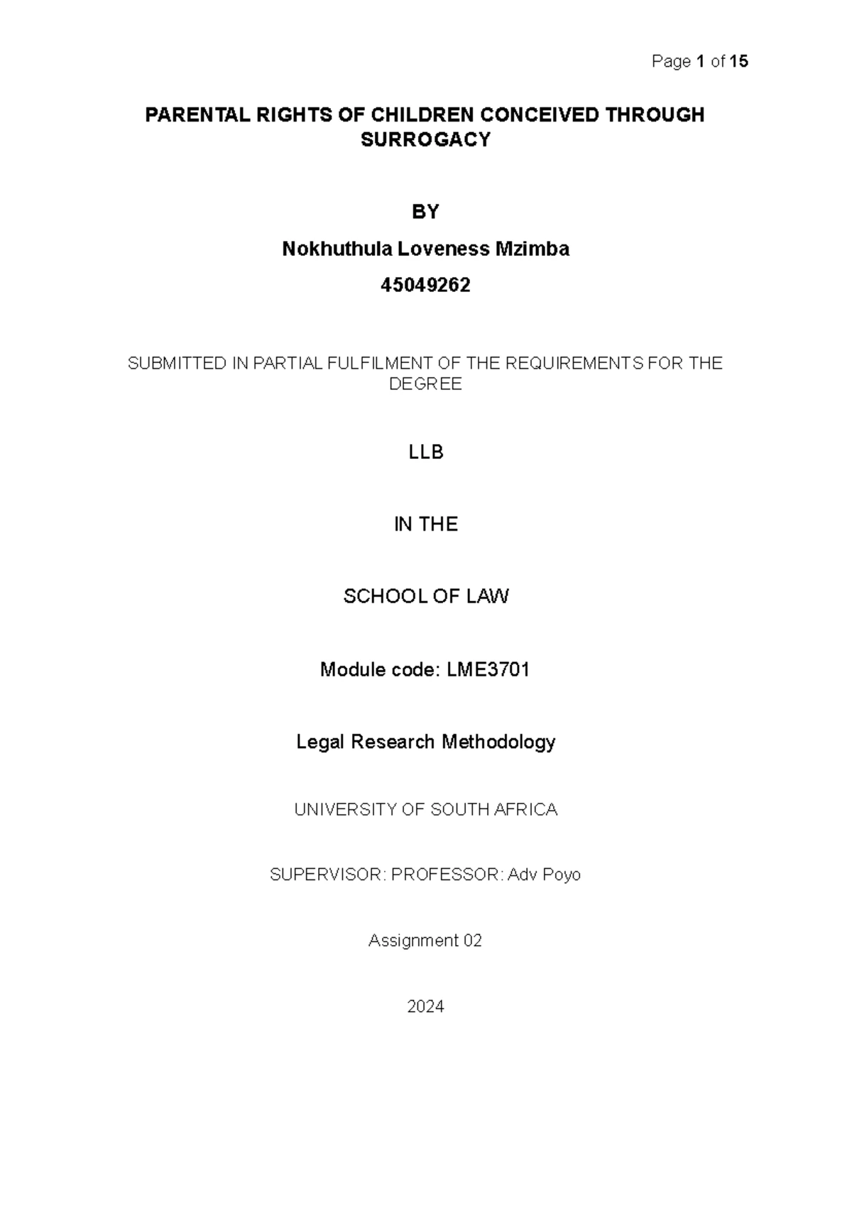 Final LME3701 - Summary of Parental Rights in Surrogacy Research - Studocu