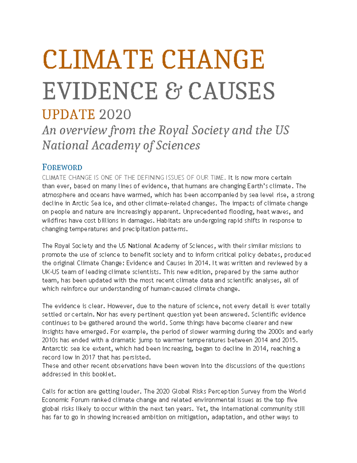 Climate change evidence and causes: An update for 2020 - Studocu