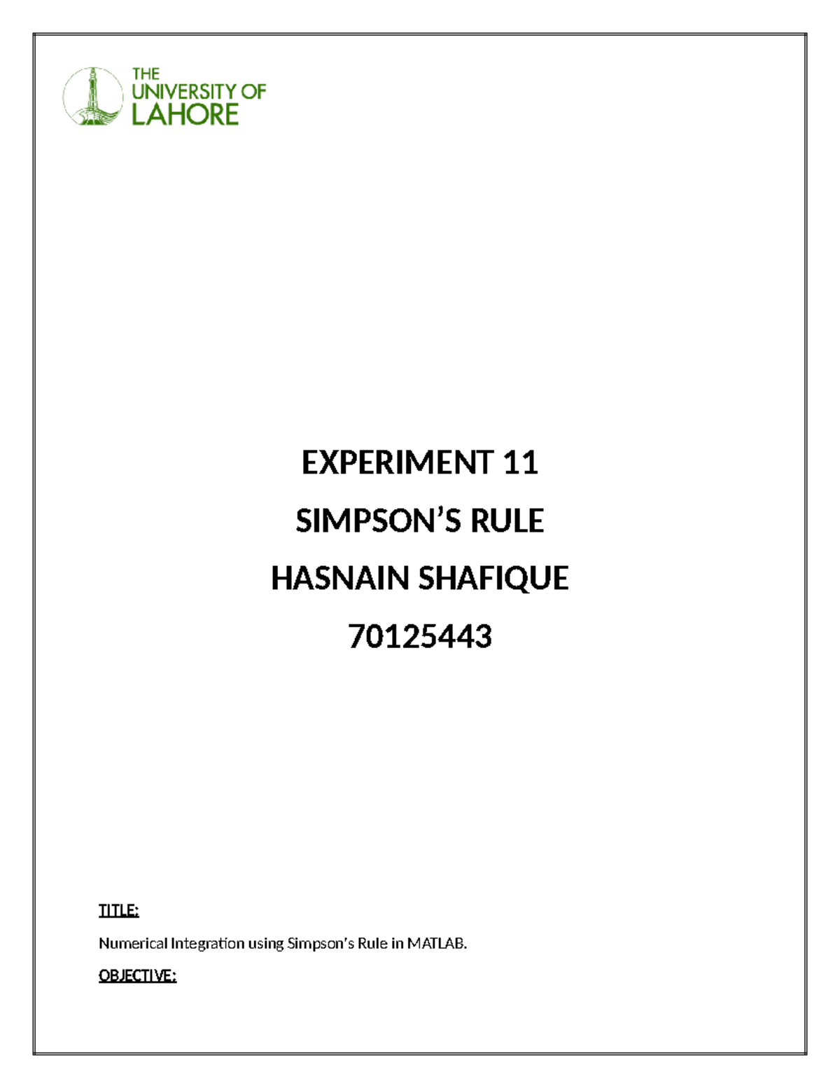 Experiment 11: Numerical Integration via Simpson’s Rule in MATLAB - Studocu