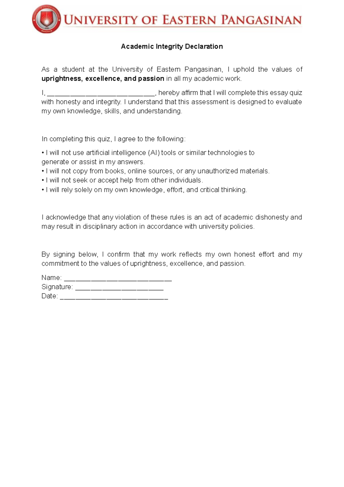 Academic Integrity Declaration for Essay Quiz - UEP - Studocu