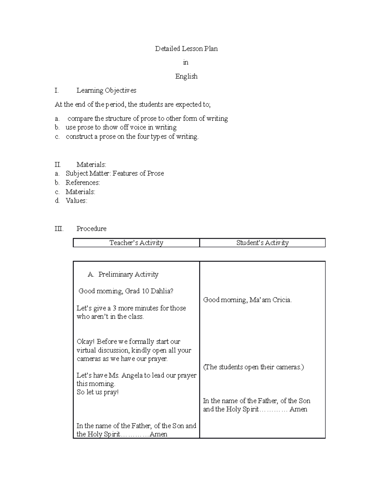 Detailed Lesson Plan on Features of Prose for Eng 10 - Studocu