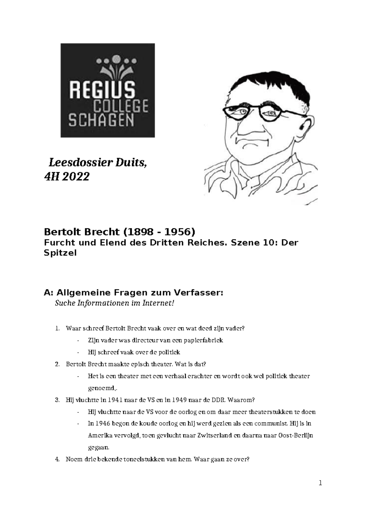 4H Bertolt Brecht: Furcht und Elend, Der Spitzel Arbeitsblatt 2022 ...