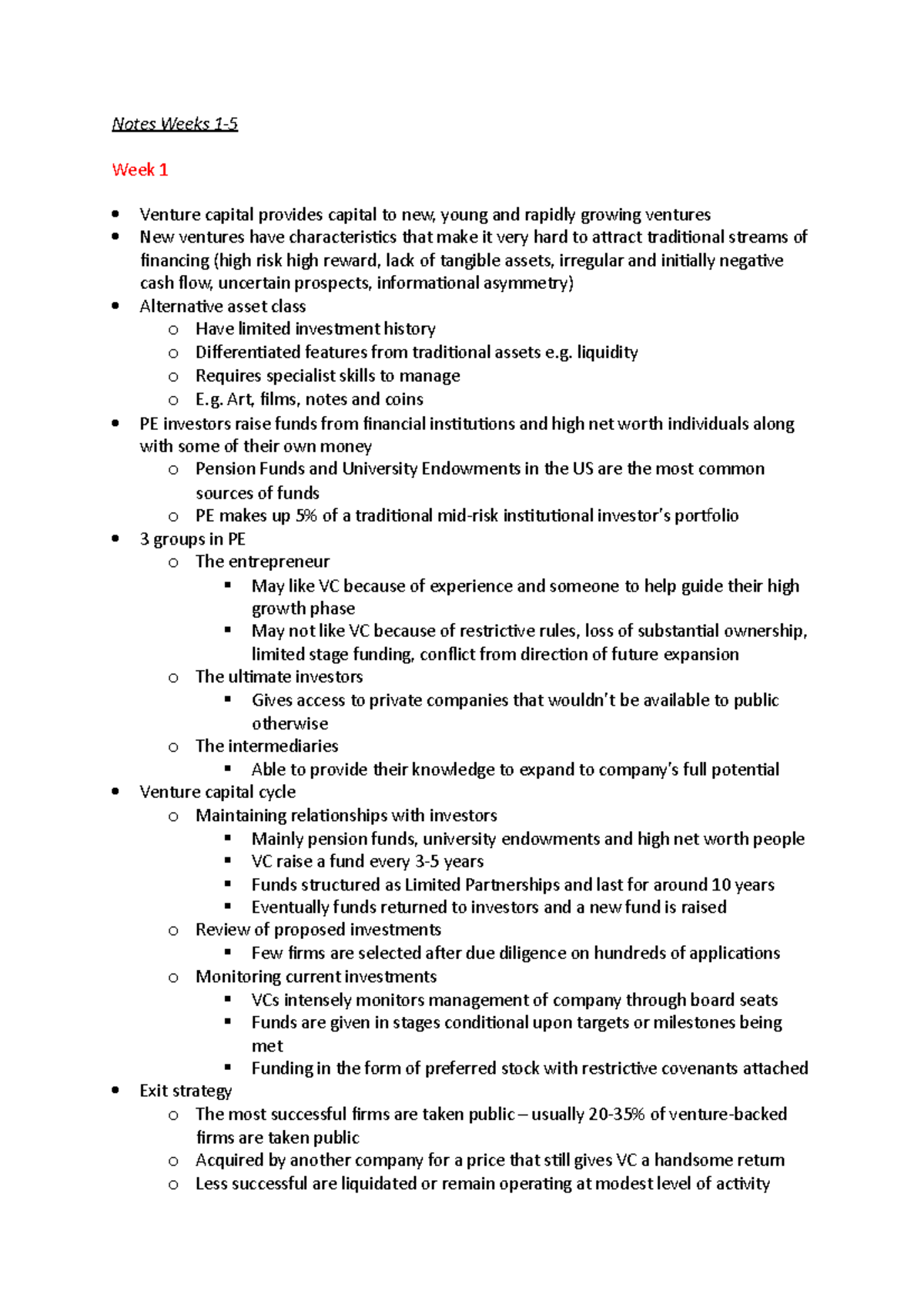 FINS3623 Notes Weeks 1-5 - Notes Weeks 1- Week 1 Venture capital ...