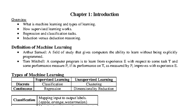 EE2211 Summary - Chapter 1: Introduction Overview What is machine ...