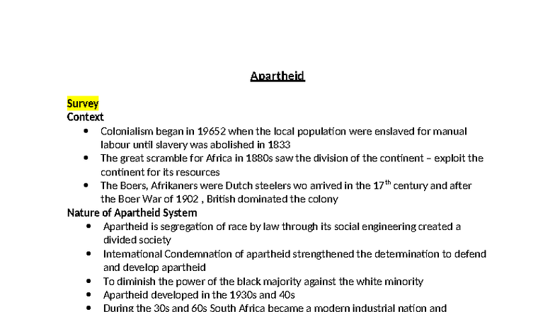 Apartheid Notes: Historical Context and Key Events (HIST 101) - Studocu