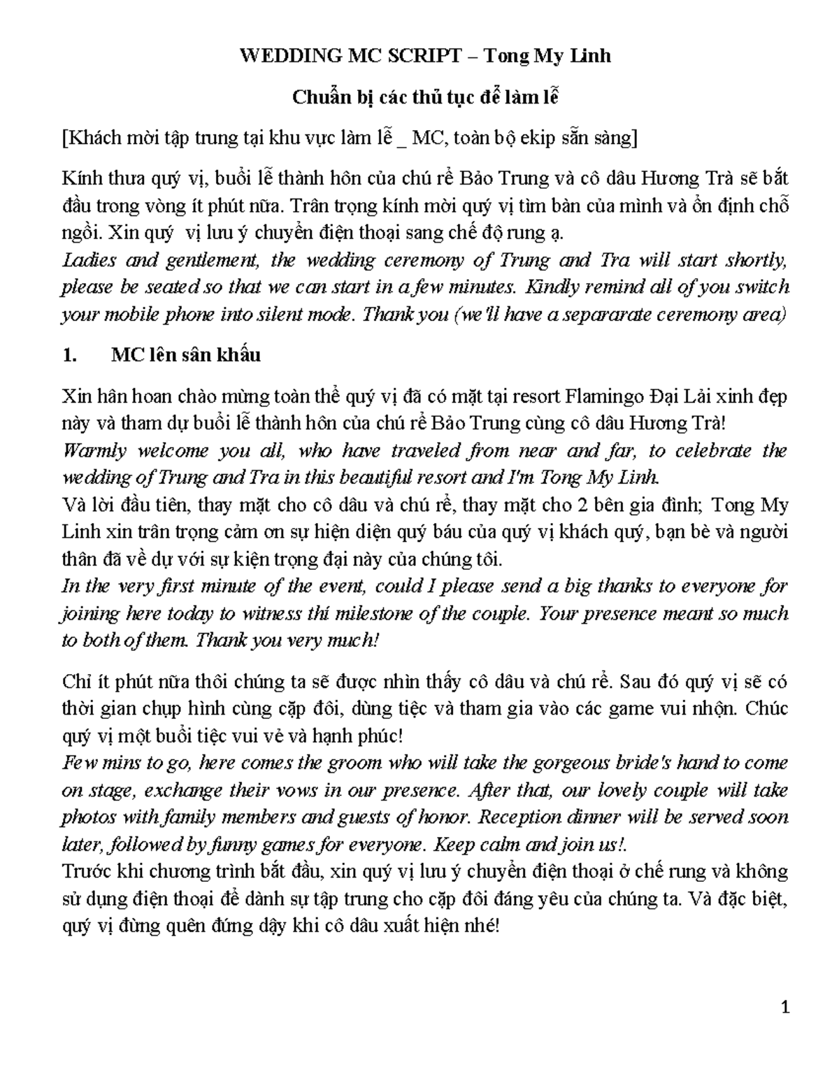 Wedding MC Script for Bảo Trung & Hương Trà Ceremony - Studocu