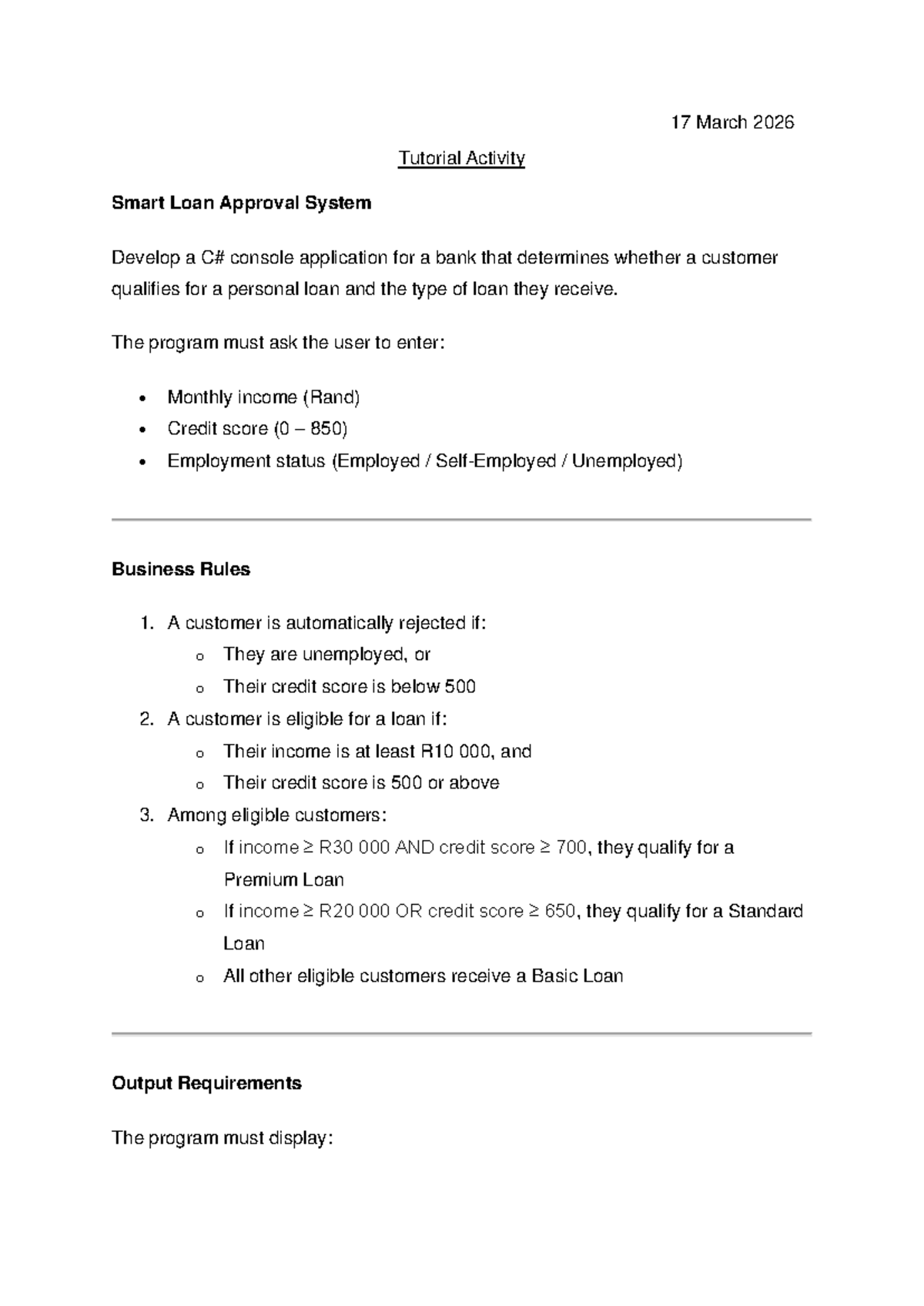 Tutorial Activity - CSIQ 1533: Smart Loan Approval System - Studocu