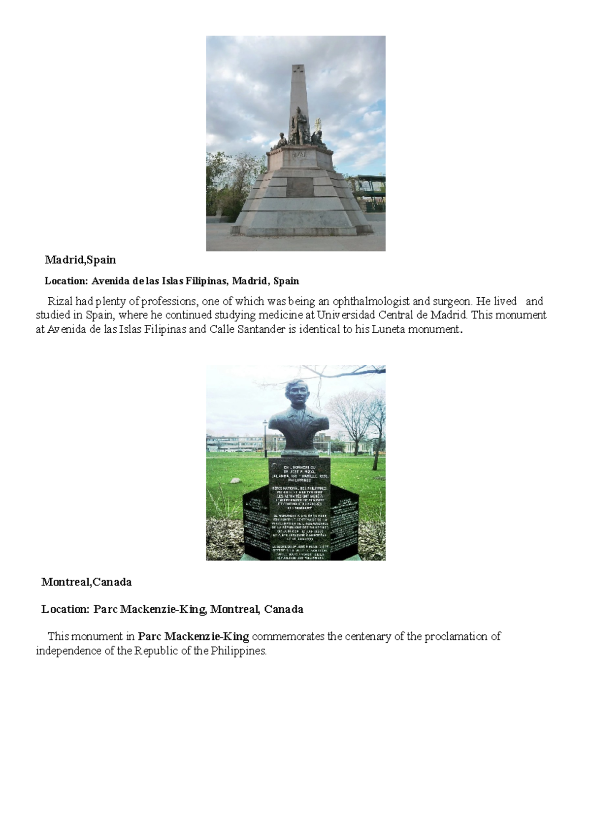 Jose Rizal: Monuments and Locations Worldwide - Studocu