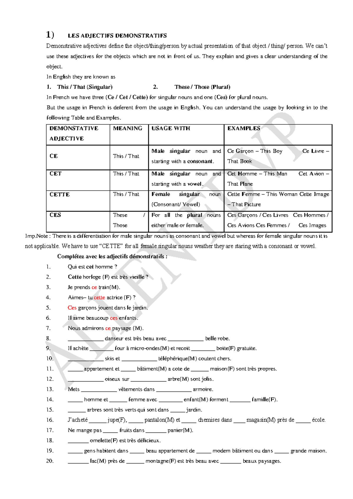 French SR Grammar: Demonstrative, Possessive Adjectives & More - Studocu