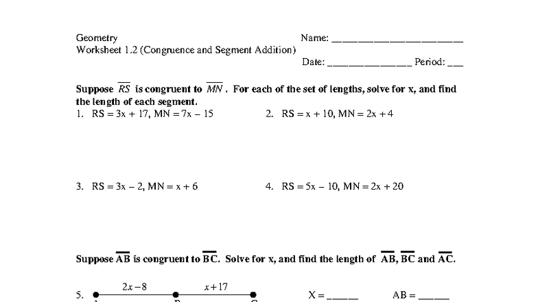 Geometry WS 1.2: Congruence & Segment Addition Problems - Studocu