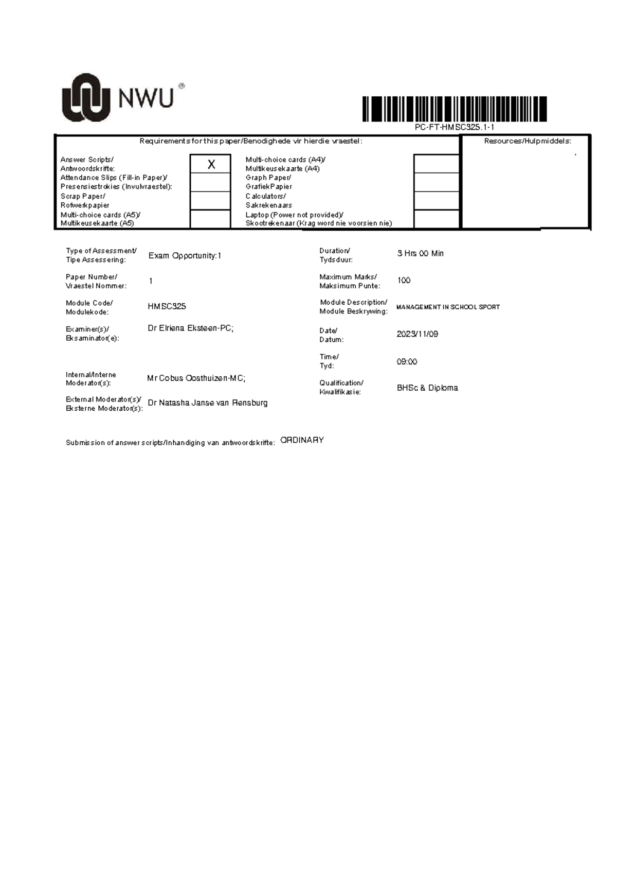 HMSC325: Management in School Sport - Exam Paper 1 (2023) - Studocu
