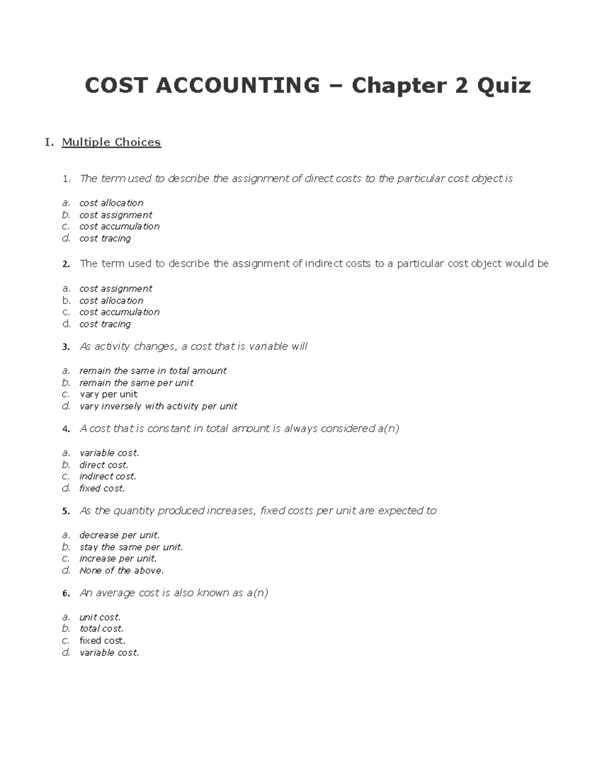 39454341 Cost Accounting Chapter 2 Quiz - - Studocu