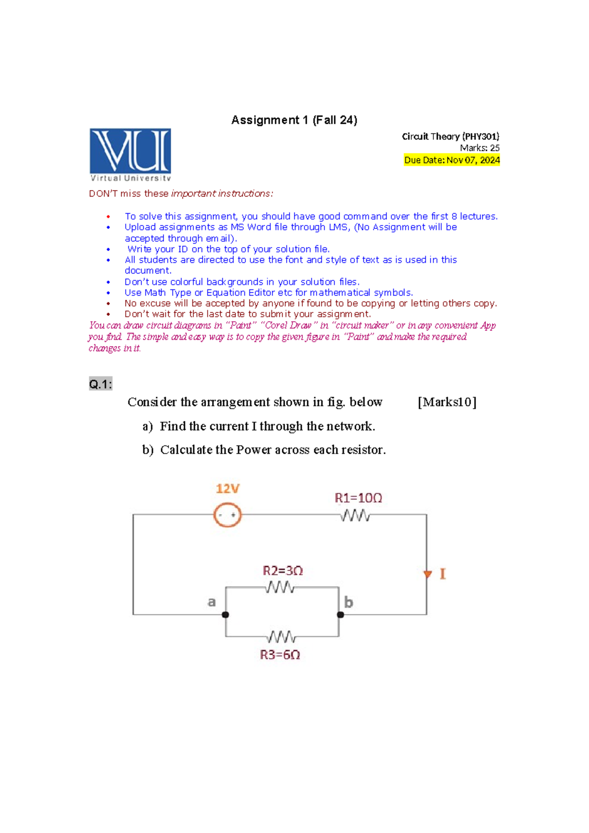 Fall 2024 PHY301 Assignment 1 – Circuit Theory Guidelines and Questions ...