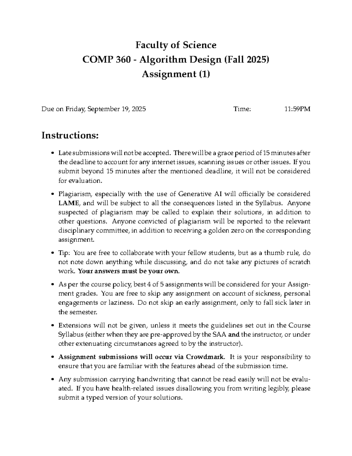 COMP 360 A1 Solutions: Algorithm Design (Fall 2025) - Studocu