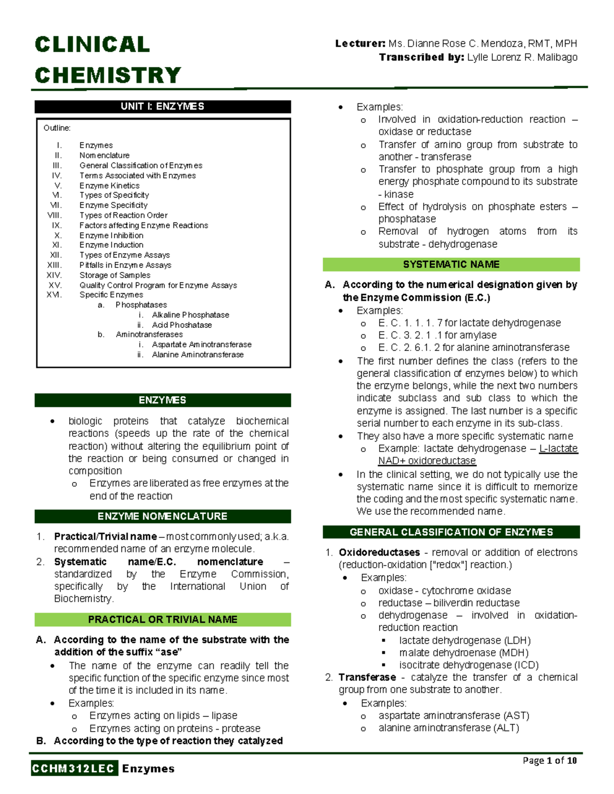 CCHM312LEC Clinical Chemistry Unit I: Enzymes Overview and Key Concepts ...