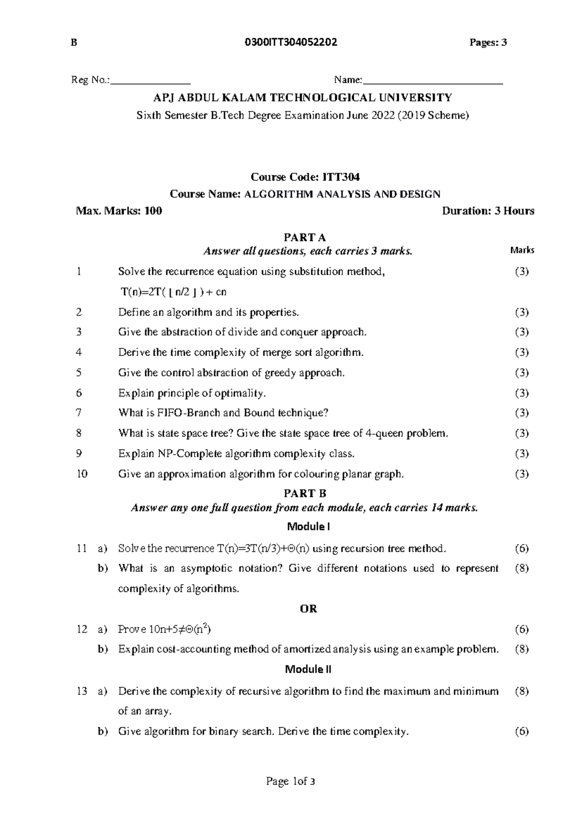 Final Exam ITT304: Algorithm Analysis and Design - June 2022 - Studocu
