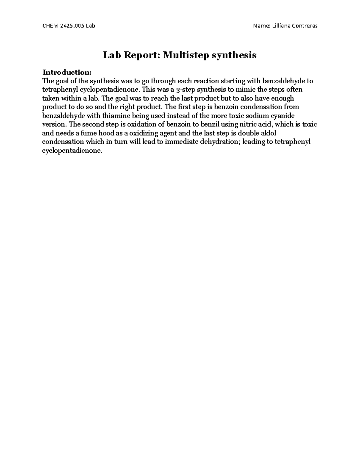 CHEM 2425.005 Lab Report: Multistep Synthesis by Lilliana Contreras ...