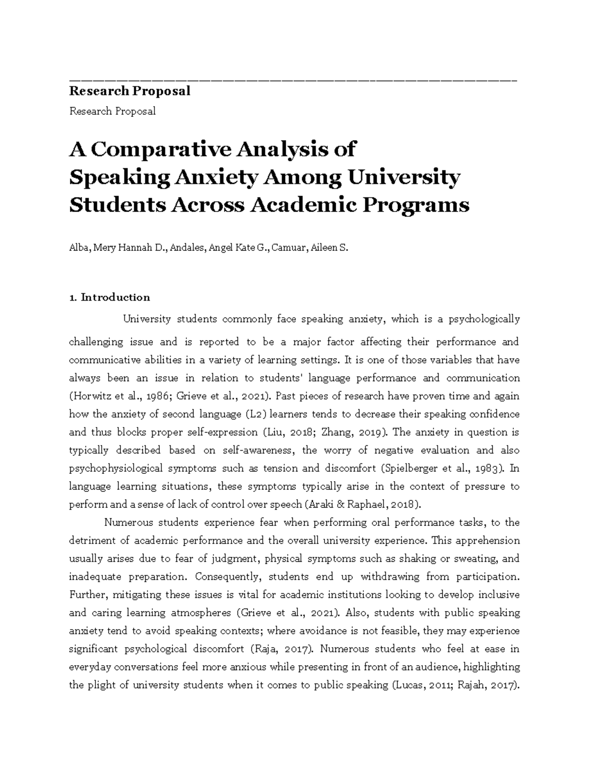 Research Proposal: Comparative Study of Speaking Anxiety in University ...