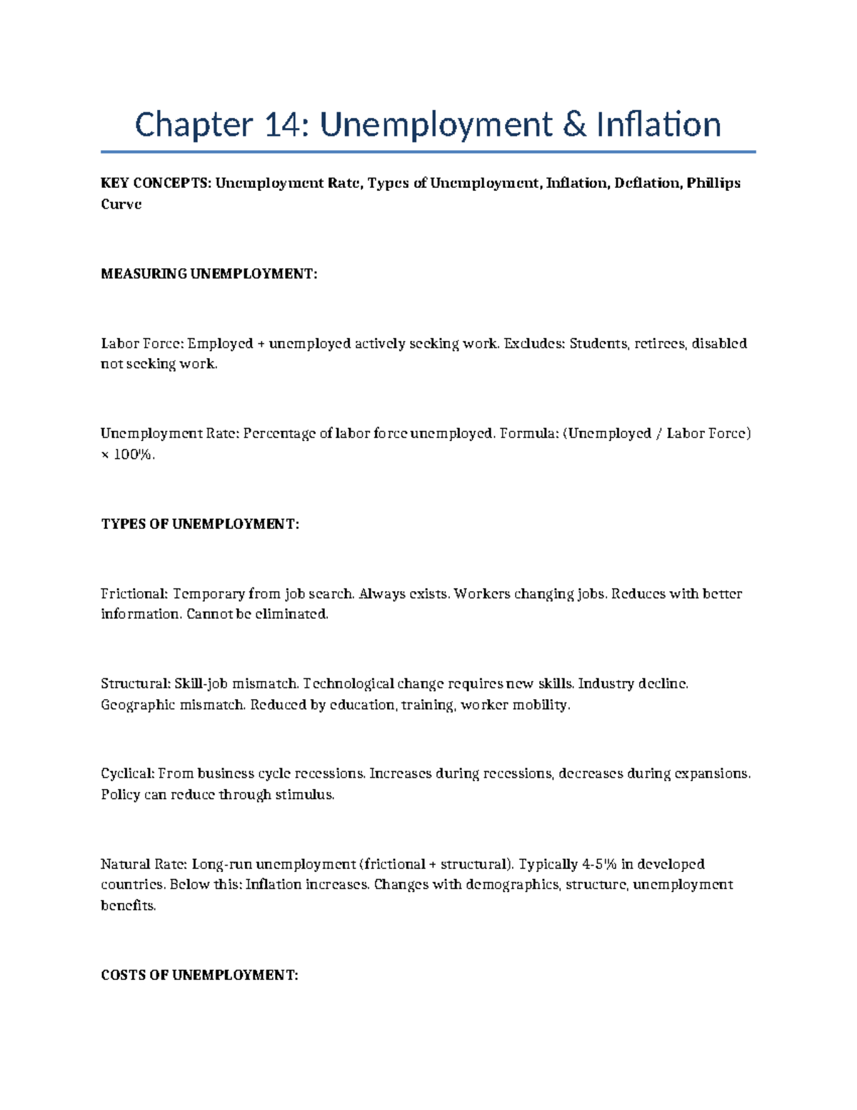 Chapter 14: Unemployment and Inflation - Key Concepts & Measures - Studocu
