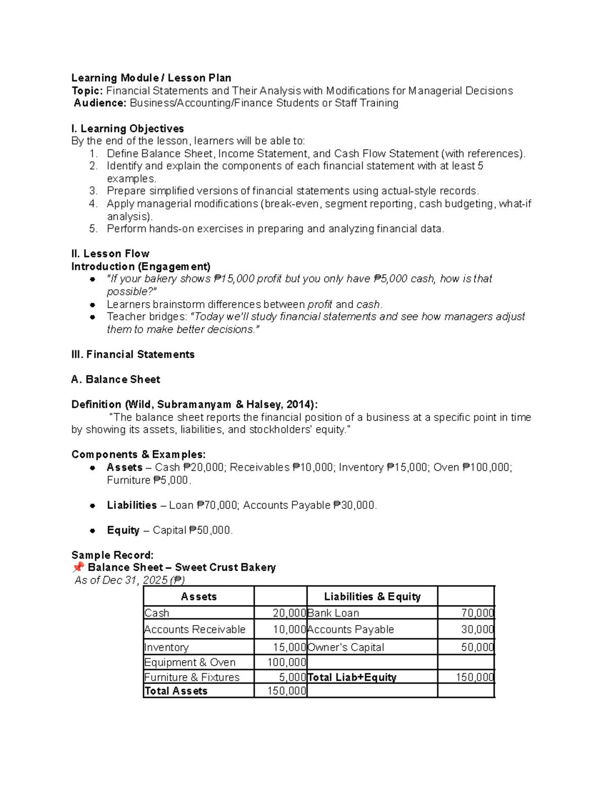 Basic Finance: Financial Statements & Analysis Lesson Plan (Module ...