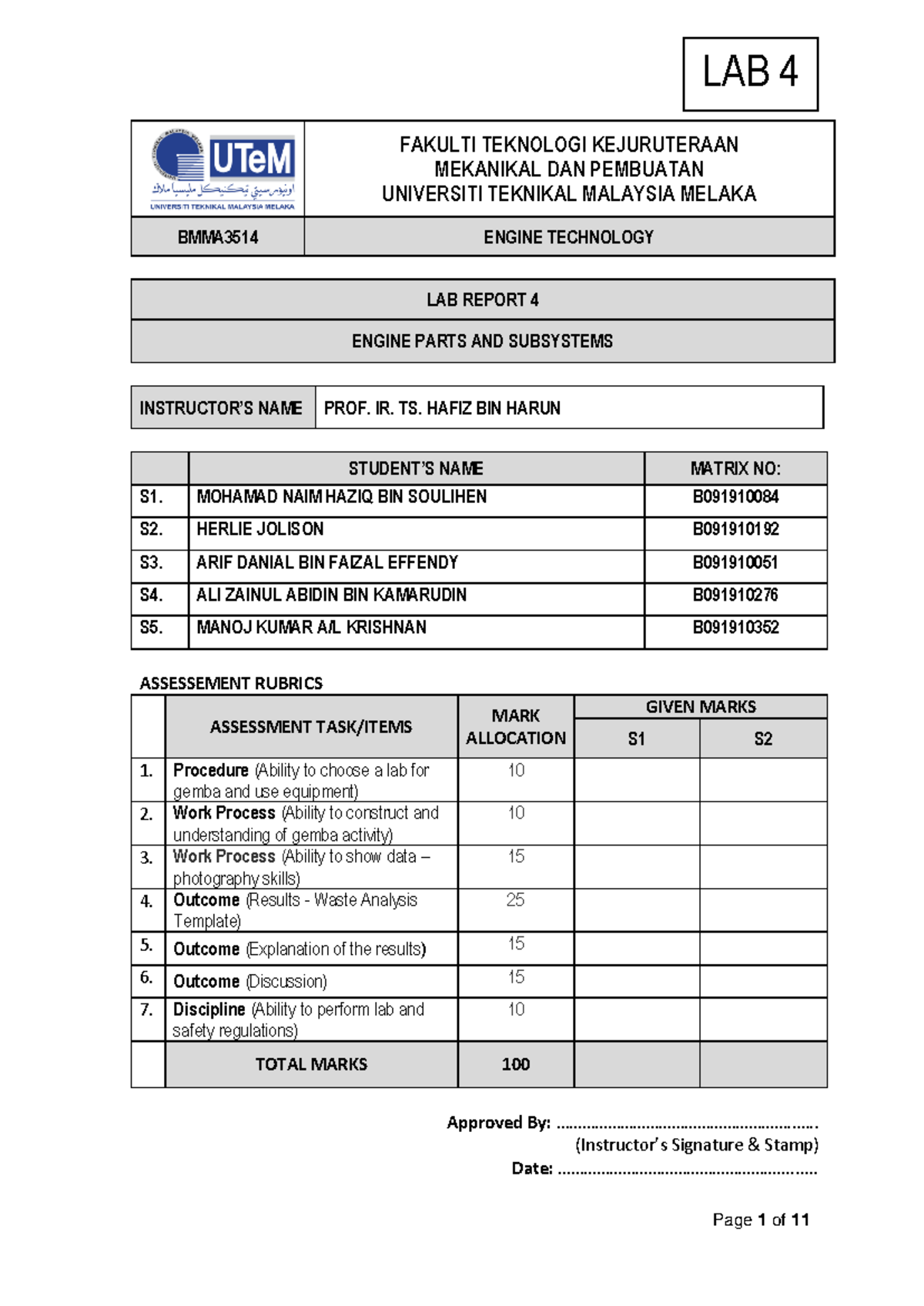 Lab 4 BMMA3514 Engine Technology: Engine Parts Analysis & Findings ...
