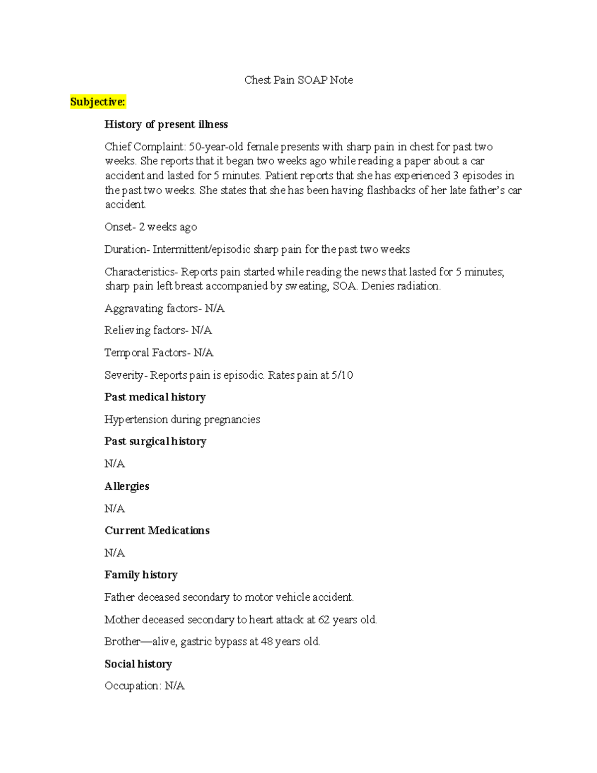 Chest PAIN SOAP Note Analysis & Evaluation (Clinical Study) - Studocu