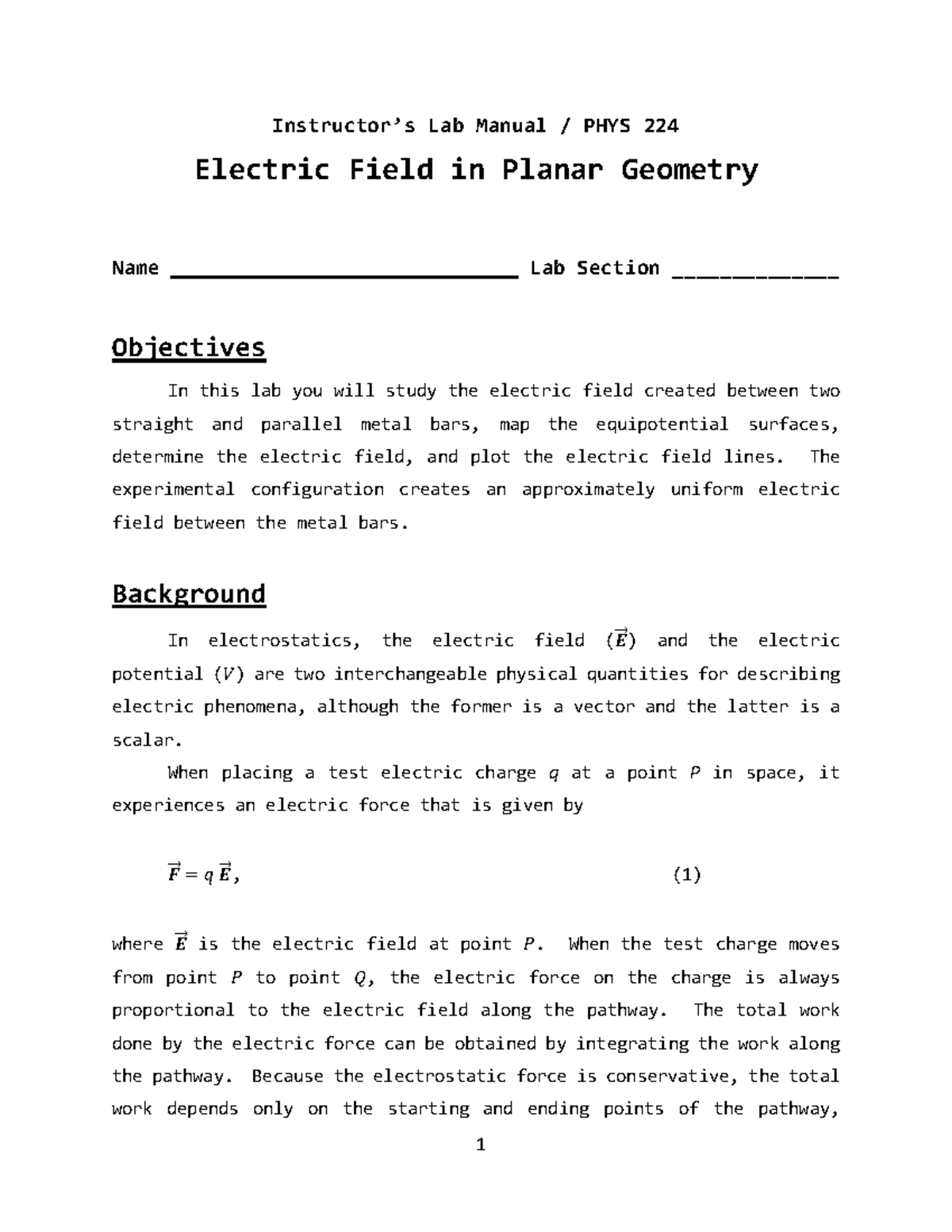 Lab 01: Exploring Electric Fields and Equipotential Surfaces in PHYS ...