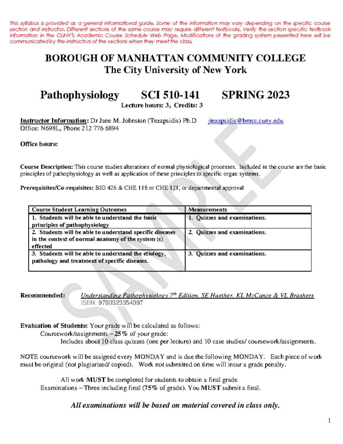SCI510 - Pathophysiology Syllabus for Spring 2023 - Studocu