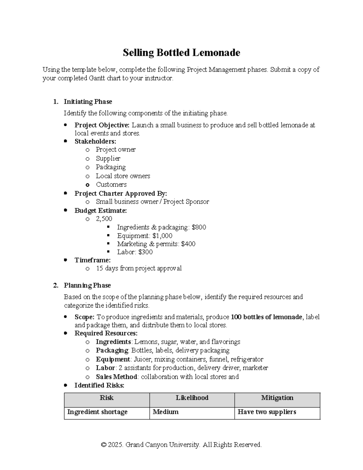 MGT 455 T5 Project Management Phases for Selling Bottled Lemonade - Studocu