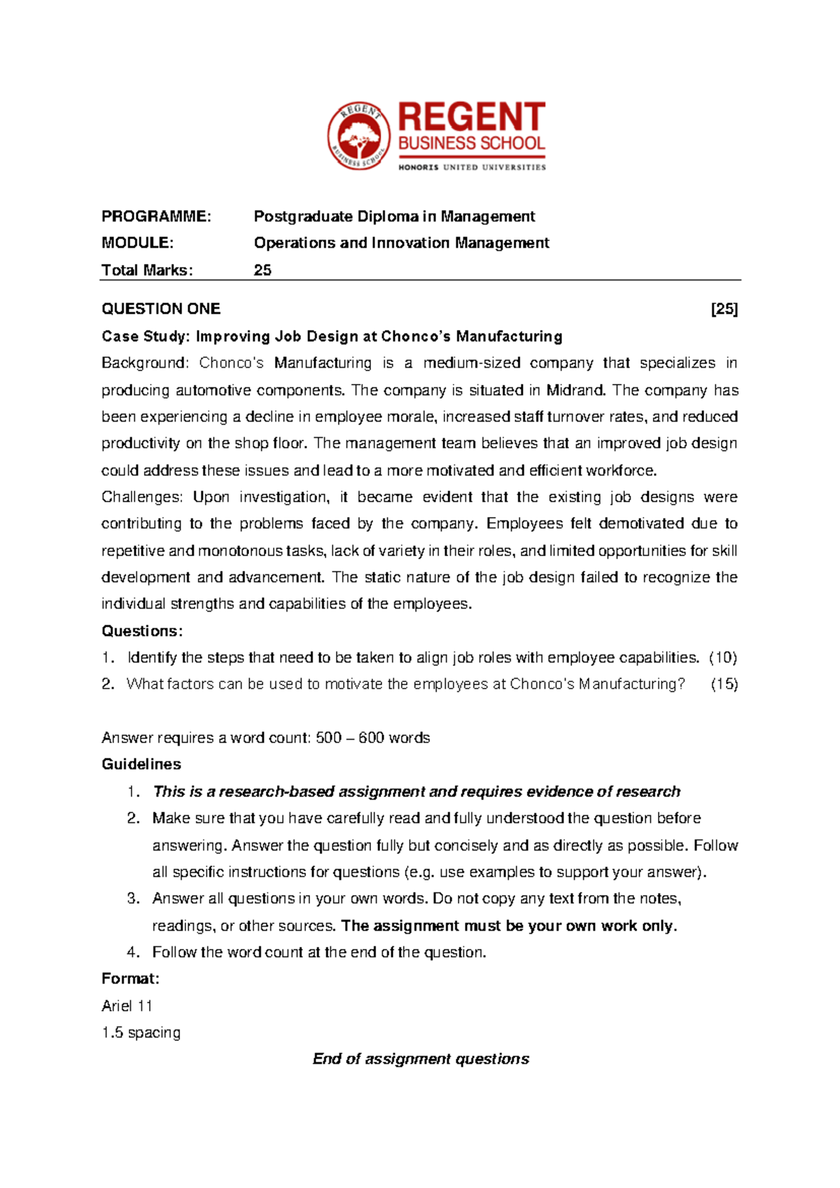 PDM Operations & Innovation S2 July 2023 Assignment on Job Design - Studocu