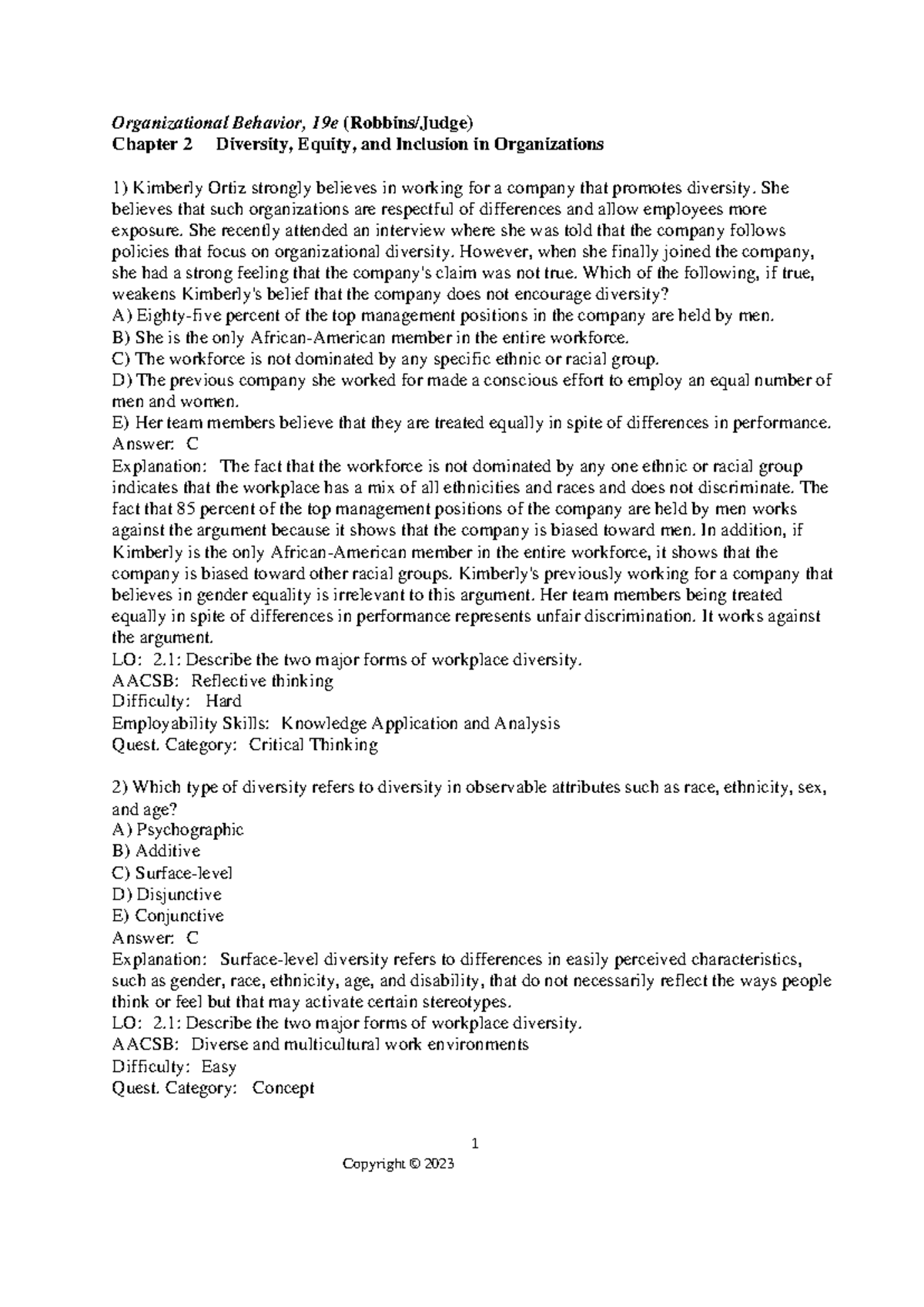 Organizational Behavior 19e: Chapter 2 Test Bank on Diversity, Equity ...