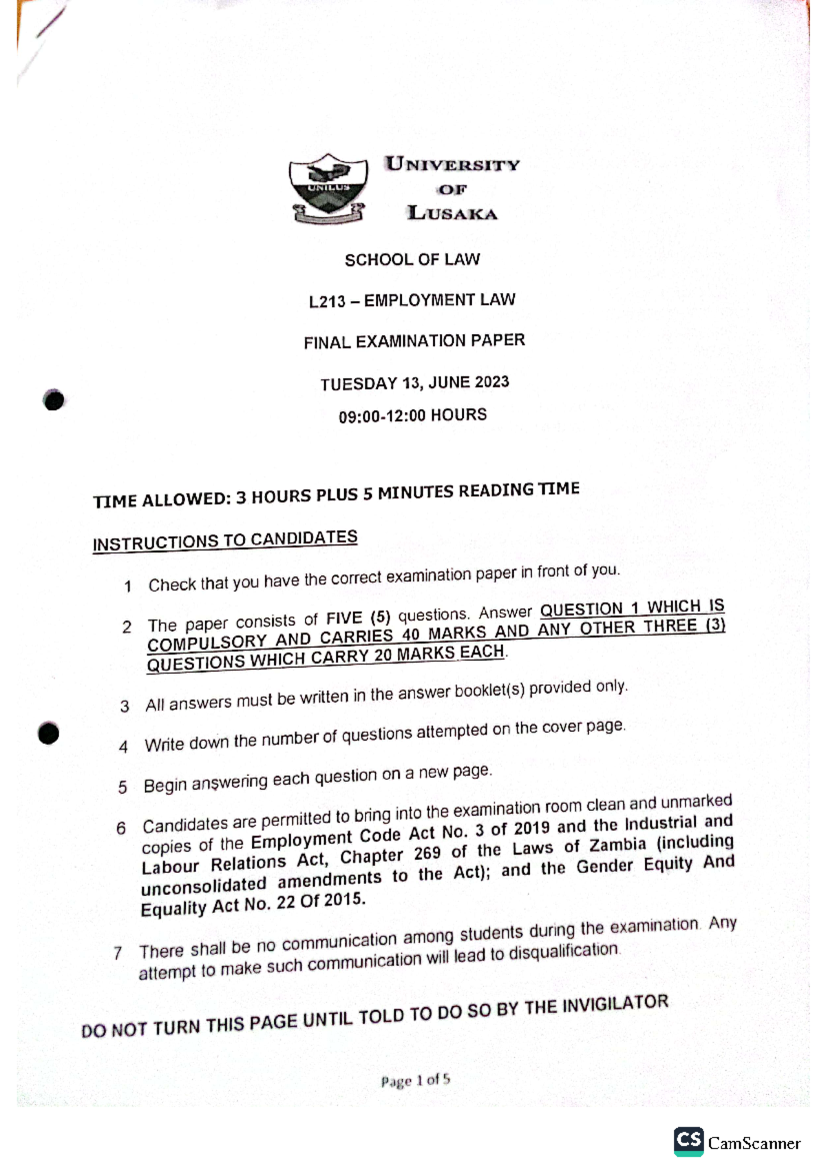 L213 Employment Law Final Exam Paper - June 2023 Insights and Questions ...