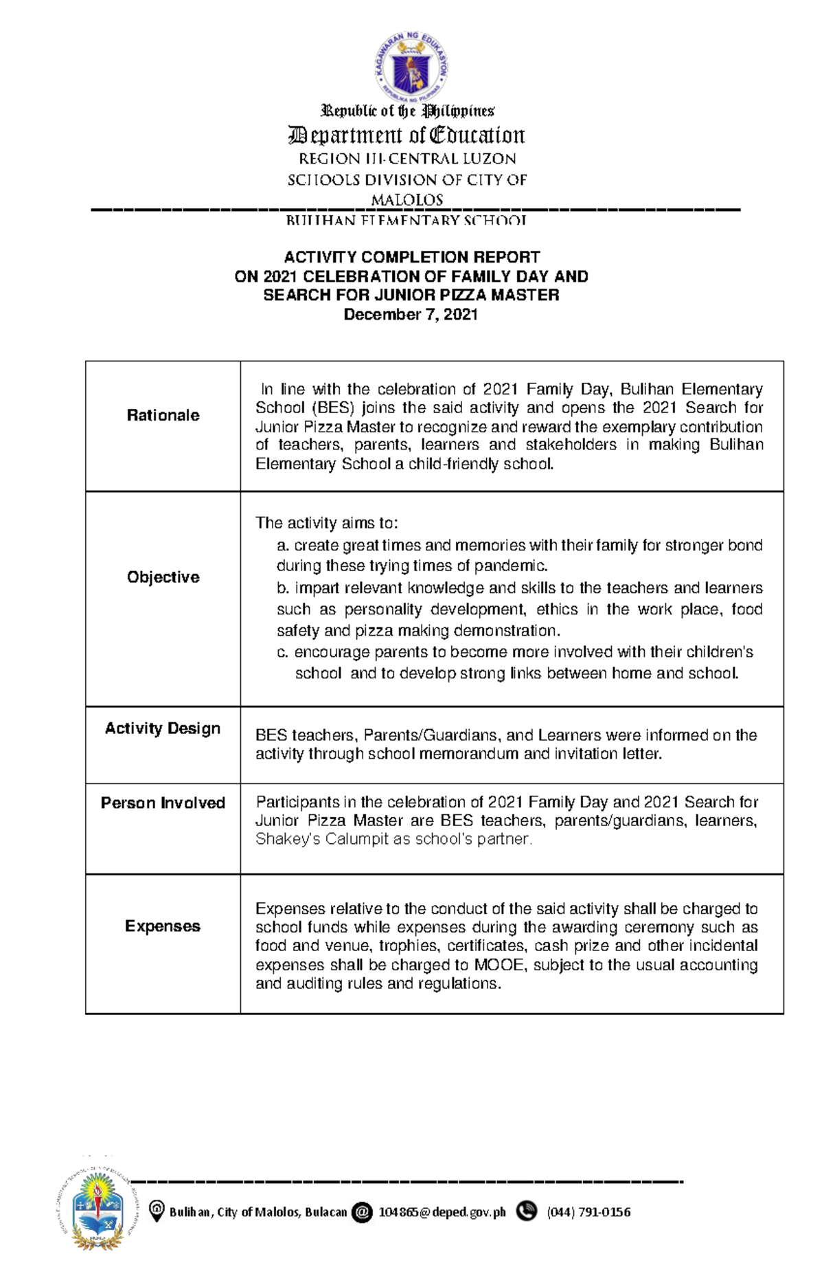 2021 Family Day & Junior Pizza Master Activity Completion Report - Studocu