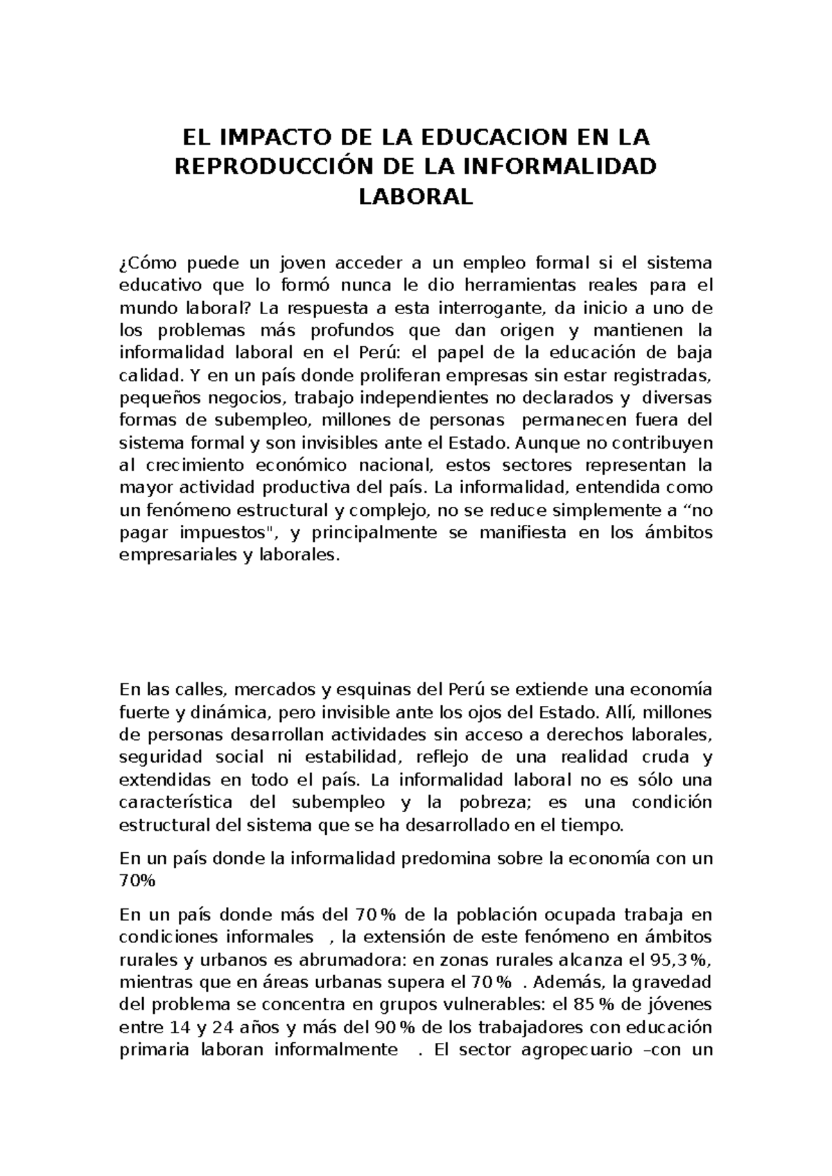 Ensayo: El Impacto de la Educación en la Informalidad Laboral en Perú ...