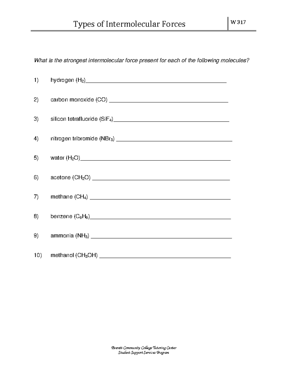 Intermolecular Forces Worksheet W 317: Identifying Strongest Forces ...