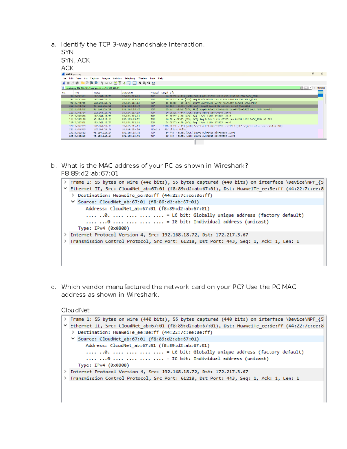 WAU4 - operating systems - a. Identify the TCP 3-way handshake ...