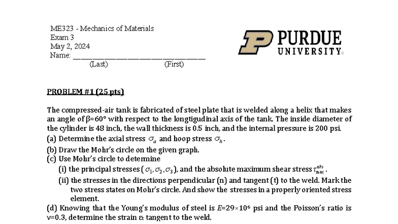 ME323 Mechanics of Materials Final Exam Spring 2024 - Studocu