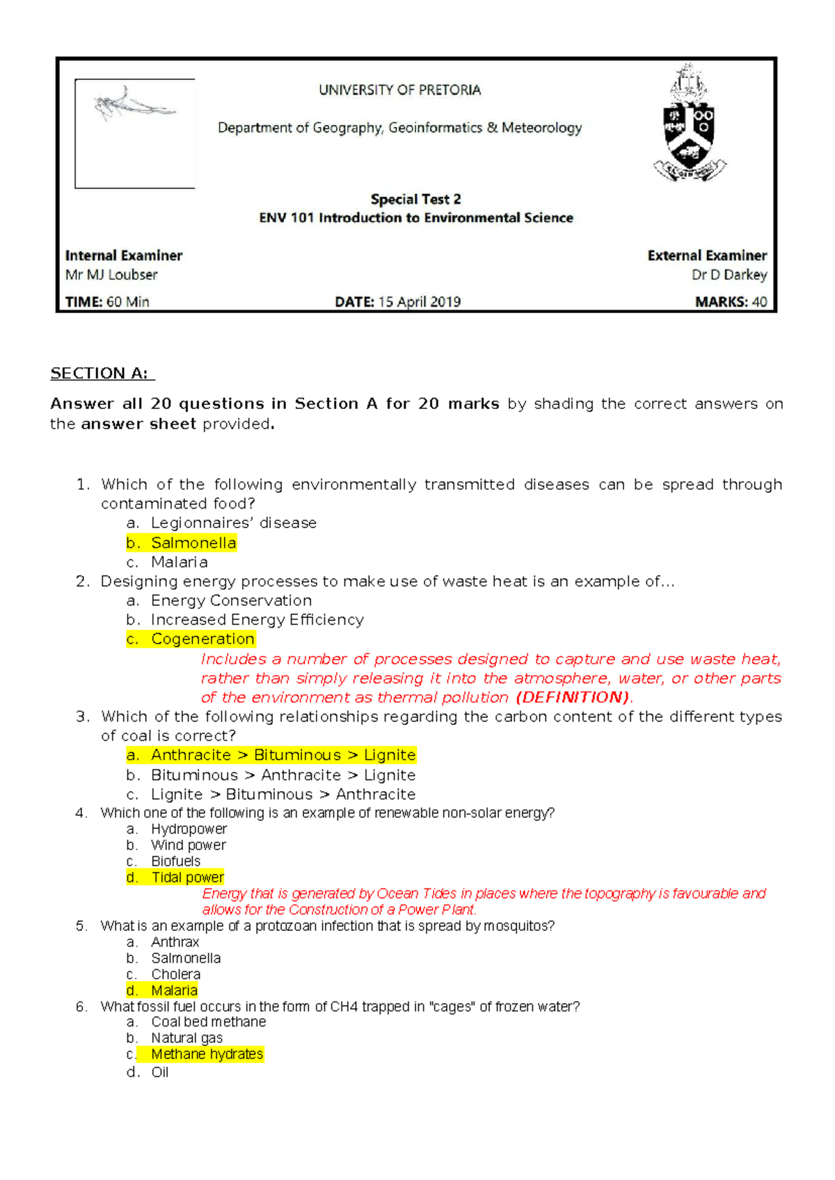 Env 101 2019 Test 2: Comprehensive Answer Key and Memo - Studocu