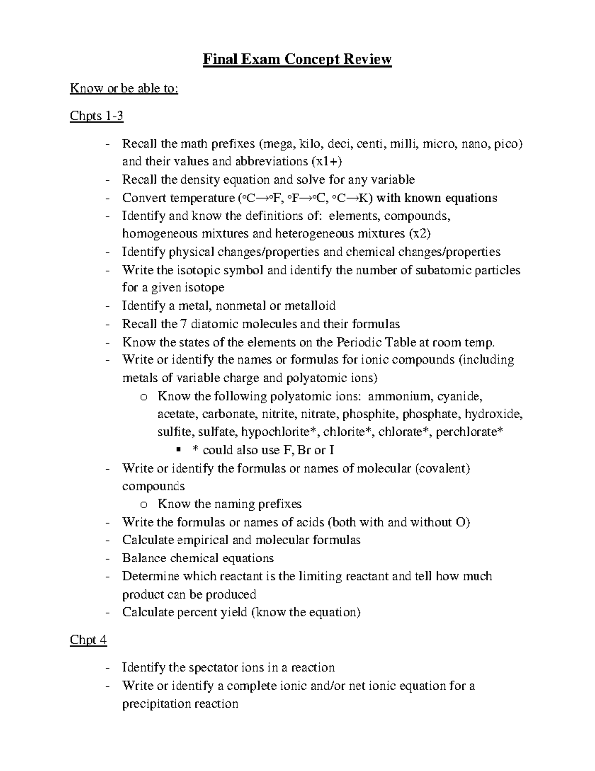 Final Exam Concept Review for Chemistry (Chapters 1-13) - Final Exam ...