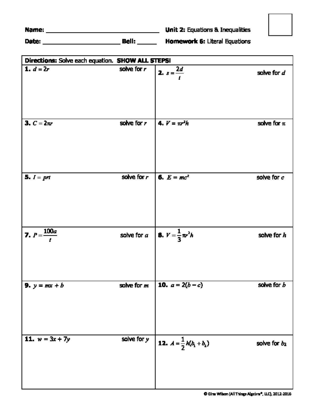 Unit 2: Literal Equations HW - Solve for Variables - Studocu