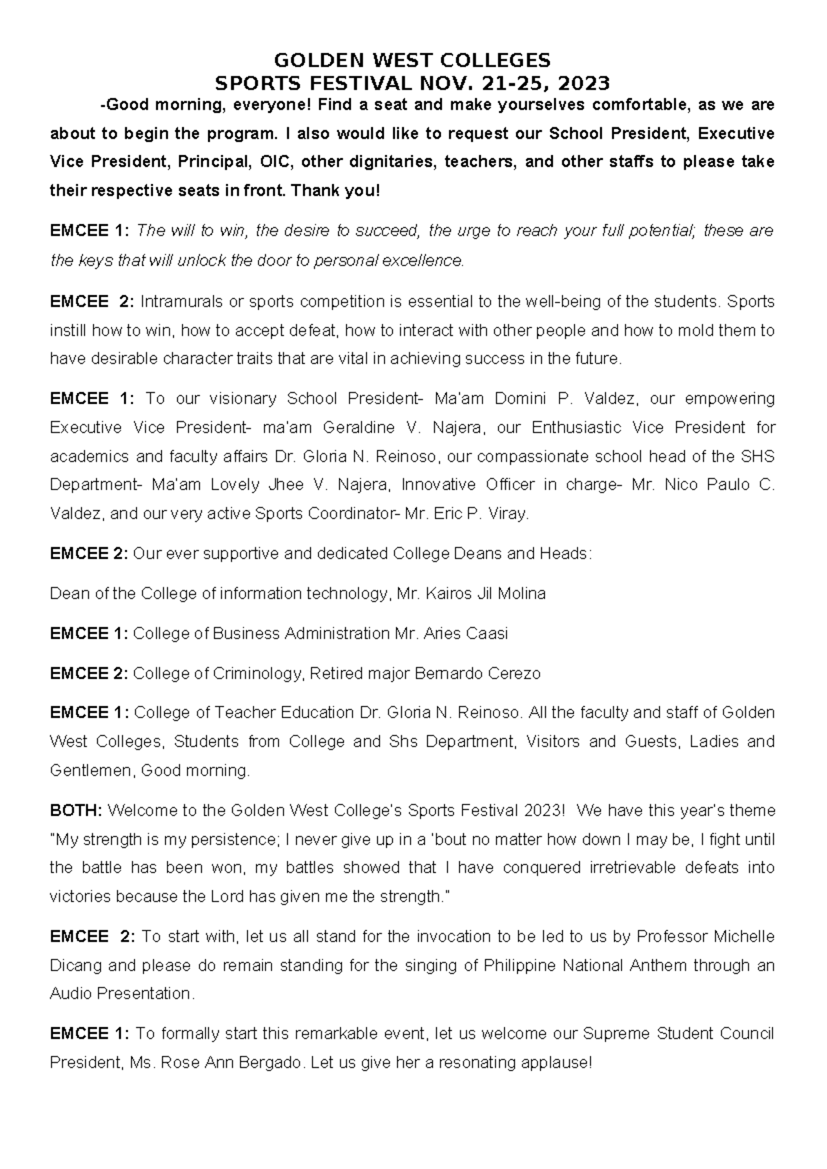 Intramurals 2023 Event Script (GWC) - Sports Festival Highlights - Studocu