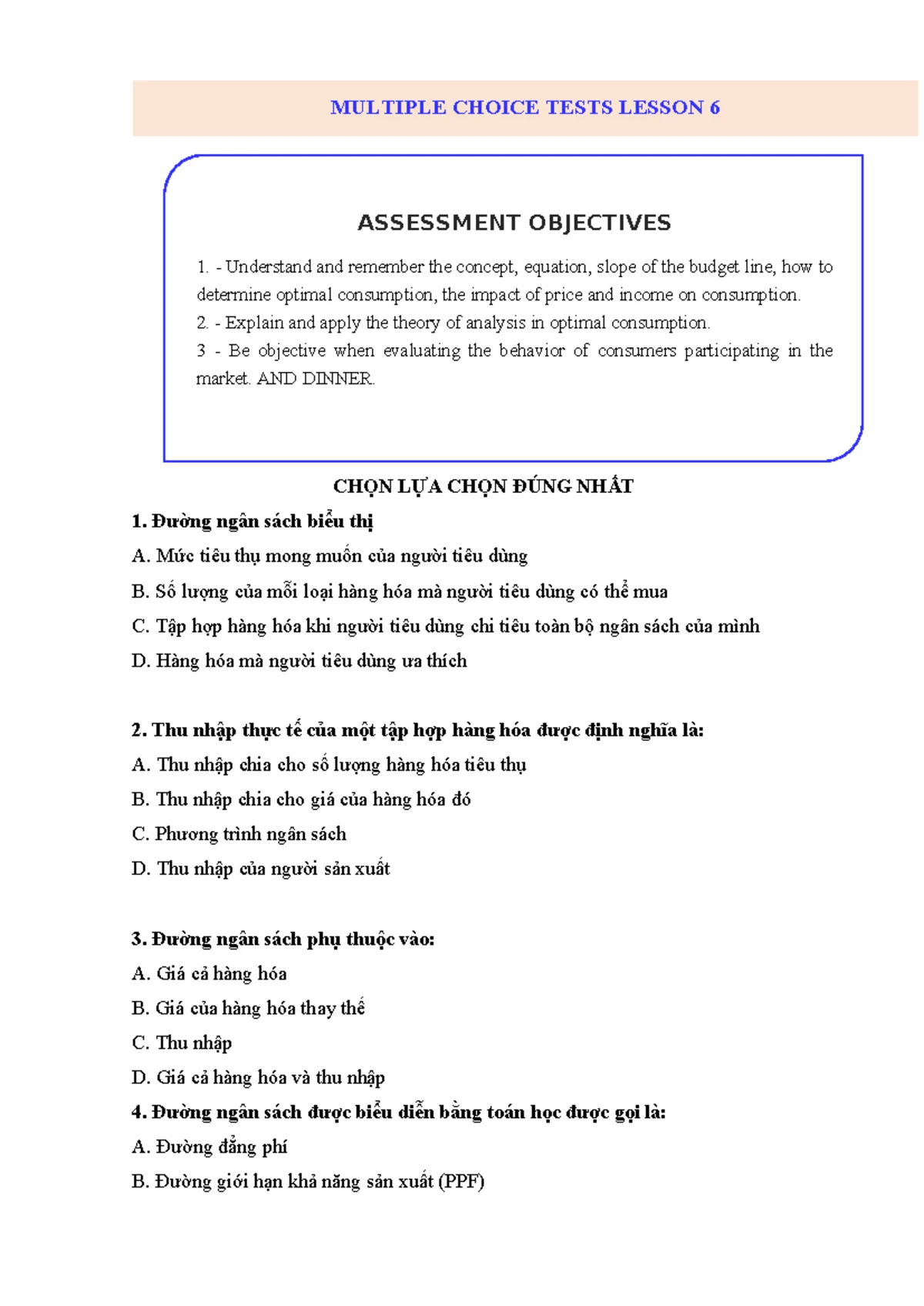 MULTIPLE CHOICE QUIZ NO. 1: MICROECONOMICS OBJECTIVES AND QUESTIONS ...
