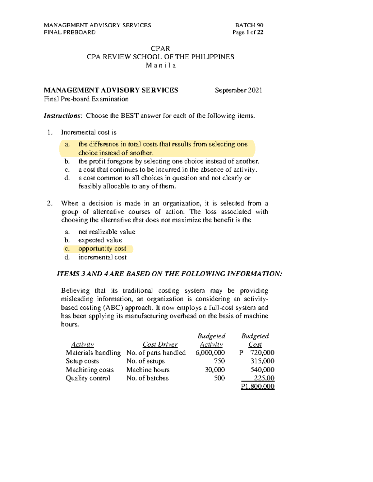 CPAR MAS Final Pre-board Exam Batch 90 Guide - Studocu